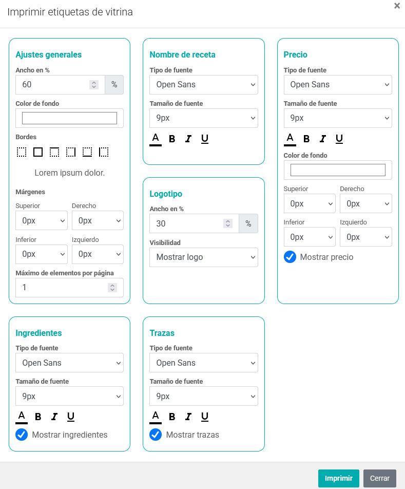 configurar etiqueta de vitrina