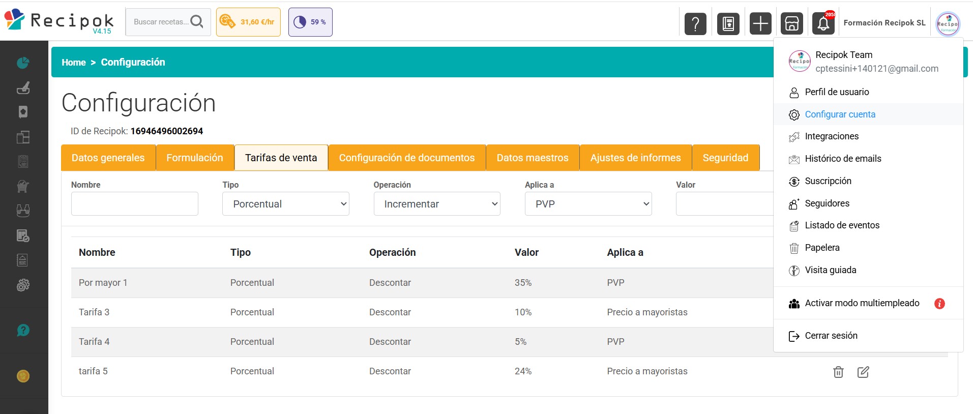 Configurar tarifas de venta