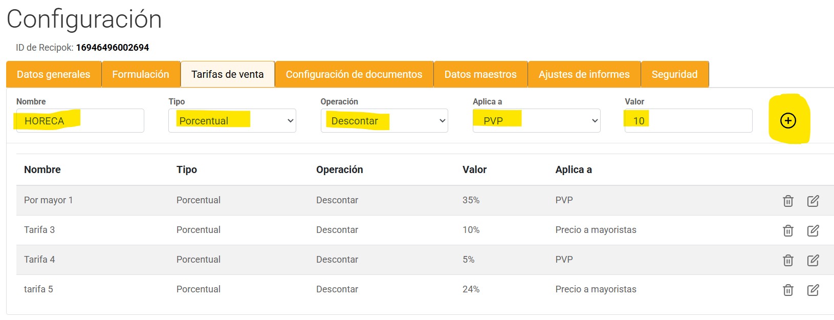 crear tarifa de venta