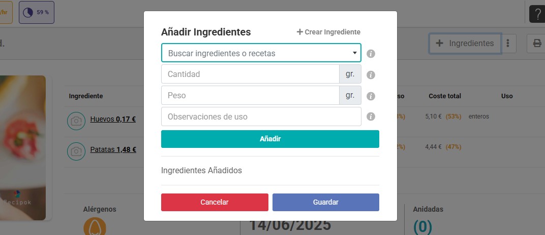 añadir ingredientes a recetas en recipok