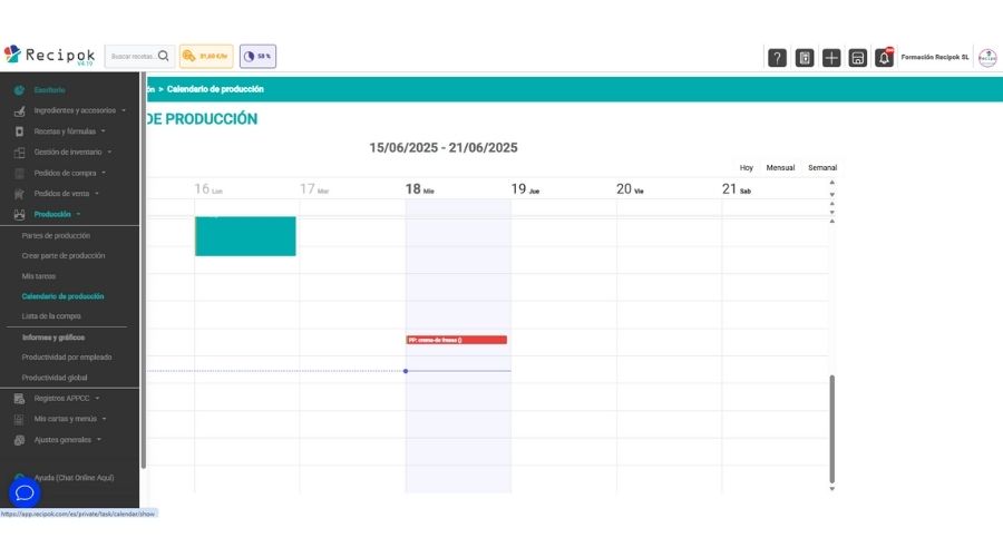 calendario de producción en recipok