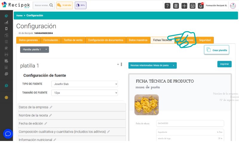 creación y edicion de plantillas de fichas tecnicas de alimentos
