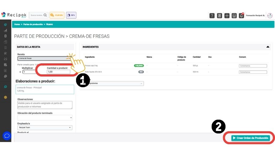 crear parte de producción en recipok
