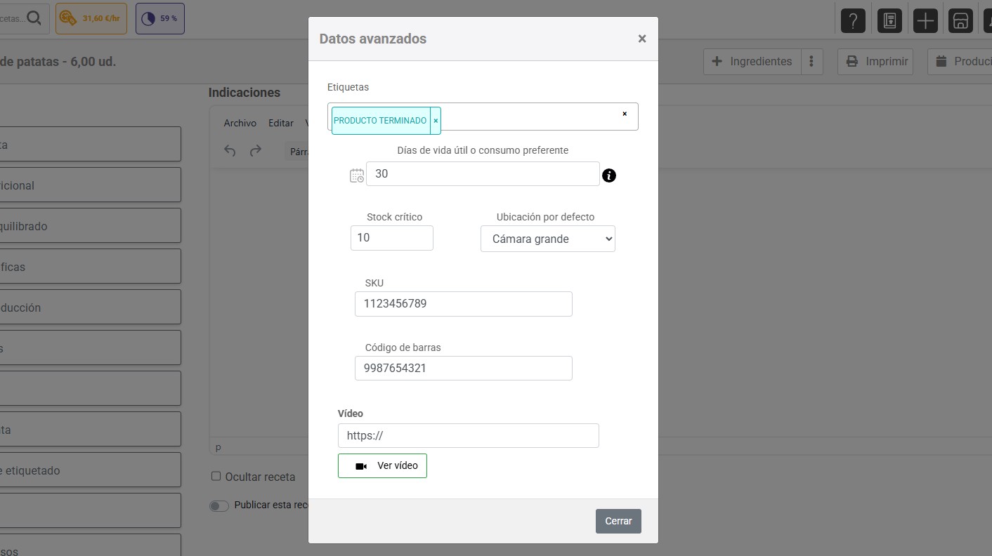datos avanzados en recetas recipok