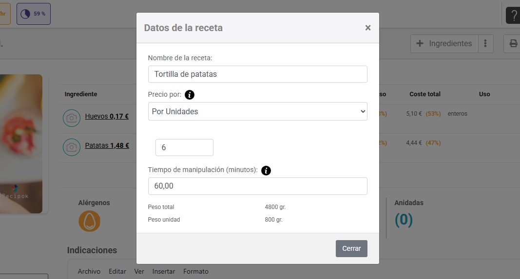 datos de la receta en recipok