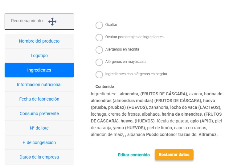 edición de ingredientes en configuración de etiquetado de aliemntos con recipok