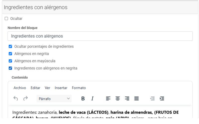 edición de ingredientes y alérgenos