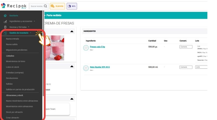 menu gestion de inventario en recipok